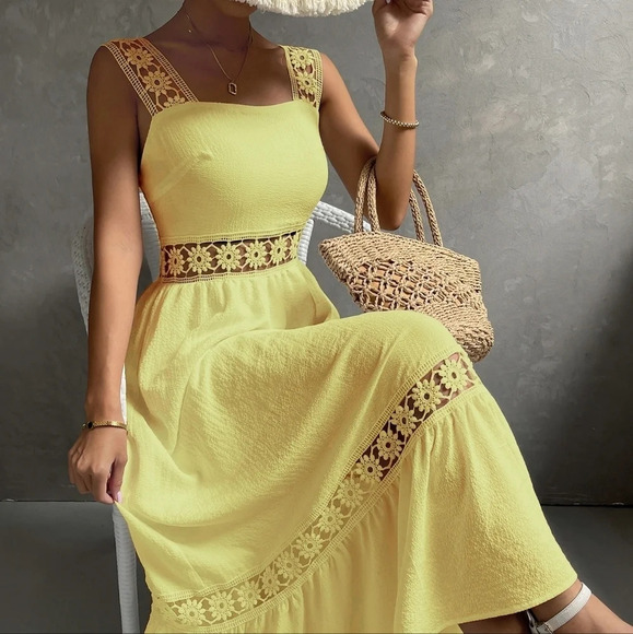 Guipure Lace Insert Ruffle Hem Dress - Picture 1 of 7